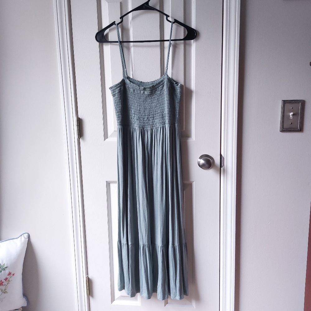 Pink Rose - Green Smocked Stretchy Midi Dress w/ Ruffle Hem & Spaghetti Straps